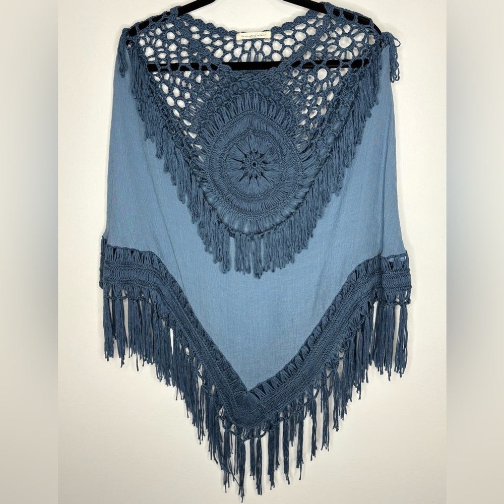 Do Everything in Love Blue Crochet Poncho Size OS NWOT
